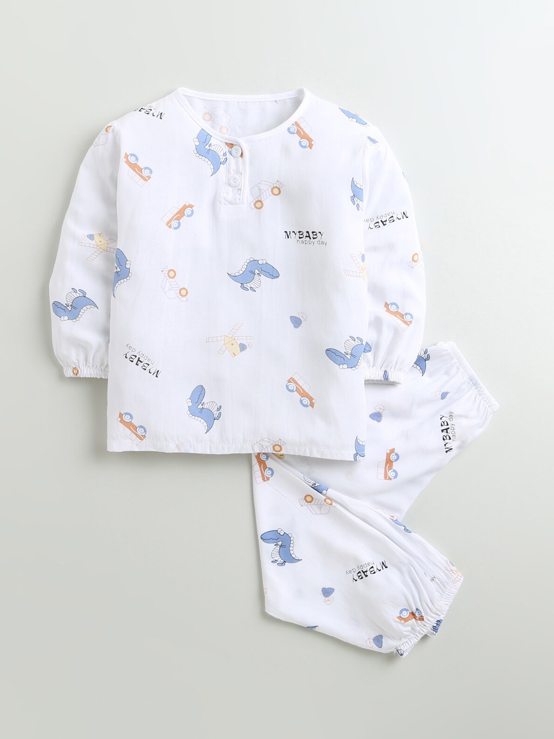 

Hopscotch Boys White & Blue Printed Night suit