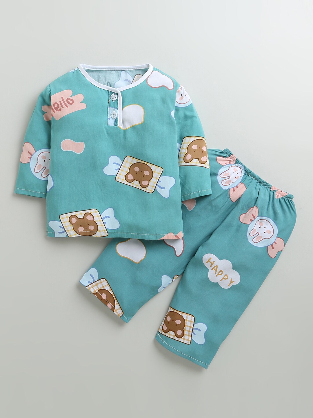 

Hopscotch Girls Green Graphic Print Night Suit 1148717