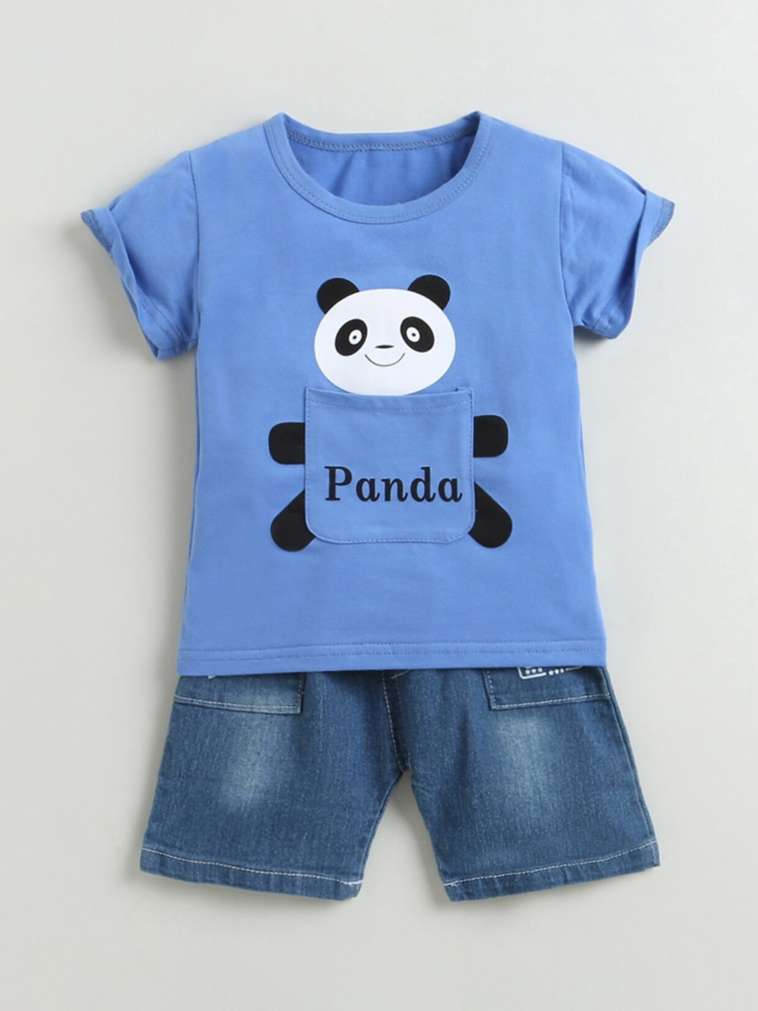 

Hopscotch Boys Blue Panda Printed T-shirt with Shorts