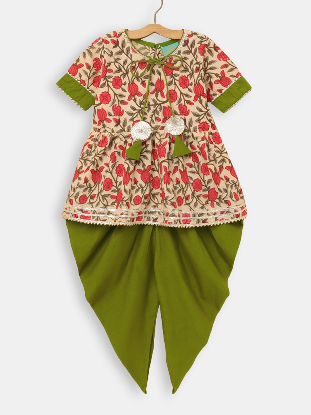 

Hopscotch Girls Green Striped Pleated Pure Cotton Kurti with Dhoti Pants