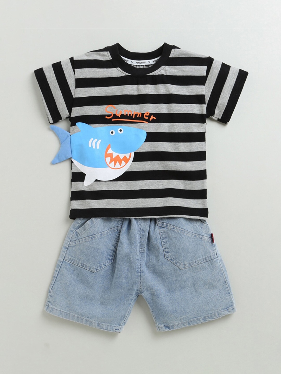 

Hopscotch Boys Black & Grey Striped T-shirt with Shorts Set