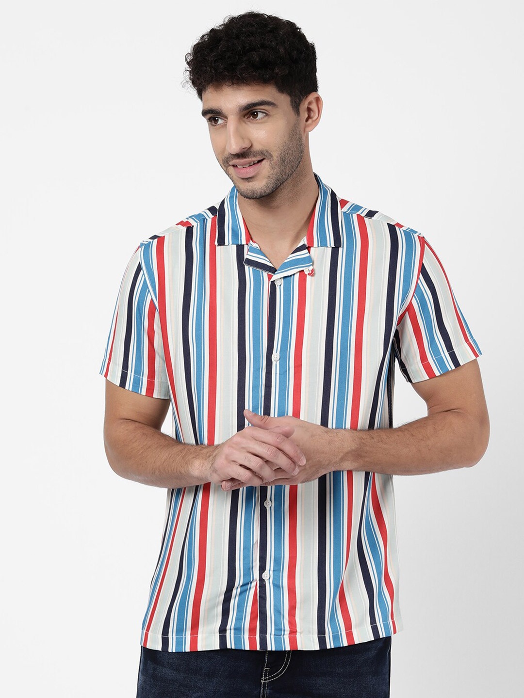 

R&B Men White Classic Multi Stripes Striped Casual Shirt