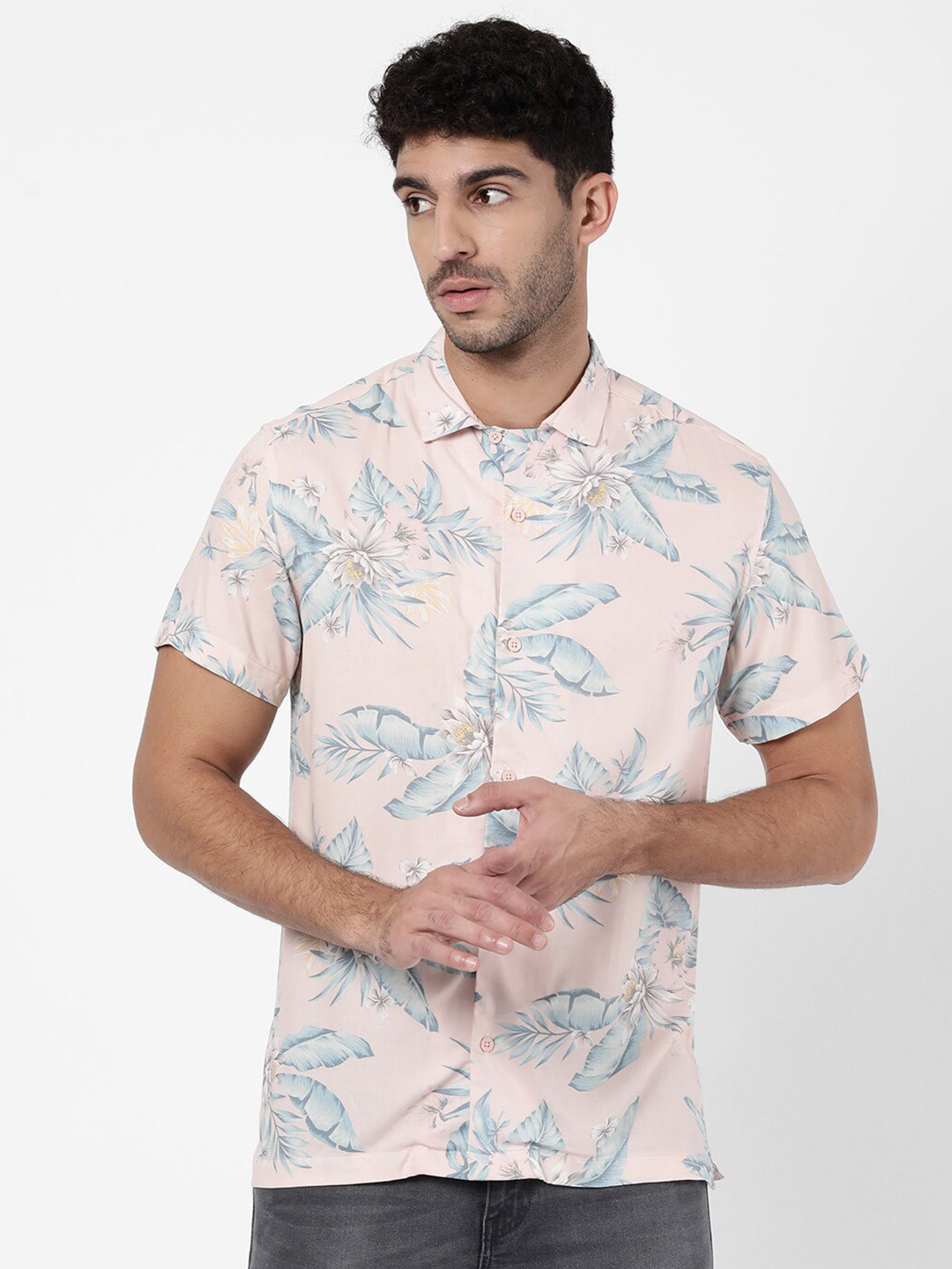 

R&B Men Pink Classic Floral Printed Casual Shirt