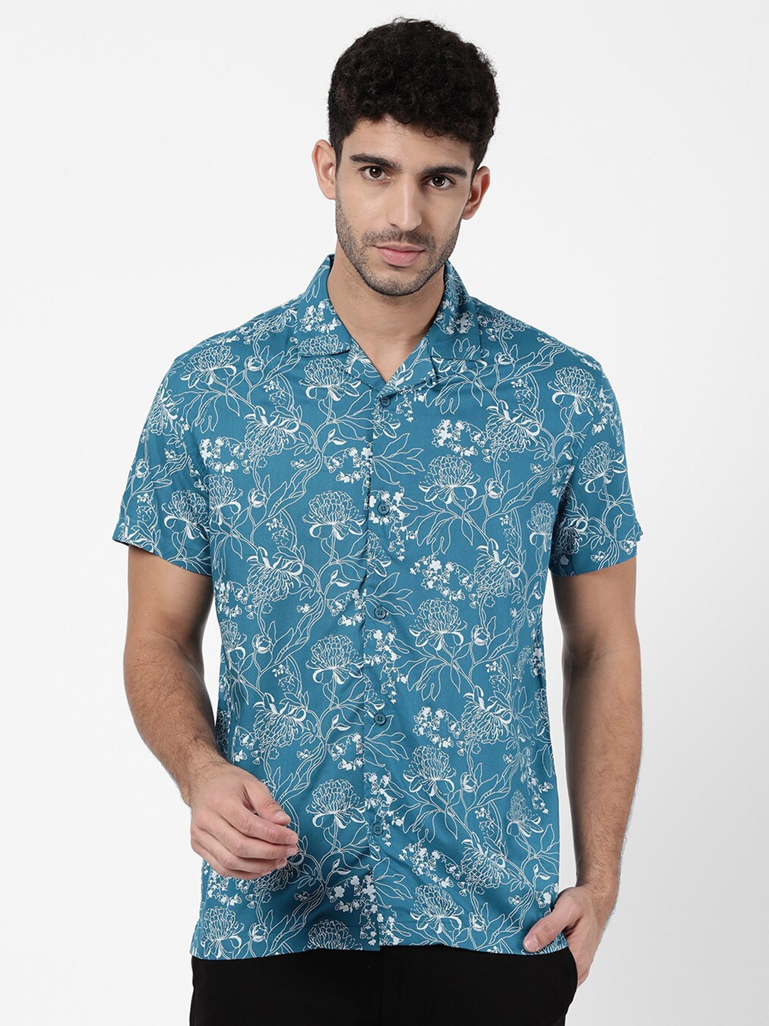 

R&B Men Blue Classic Floral Printed Casual Shirt