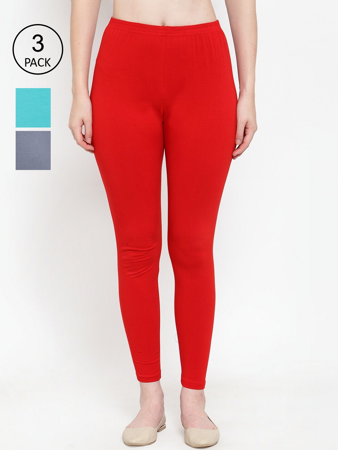 

Jinfo Women Pack Of 3 Red & Grey Solid Ankle-Length Leggings
