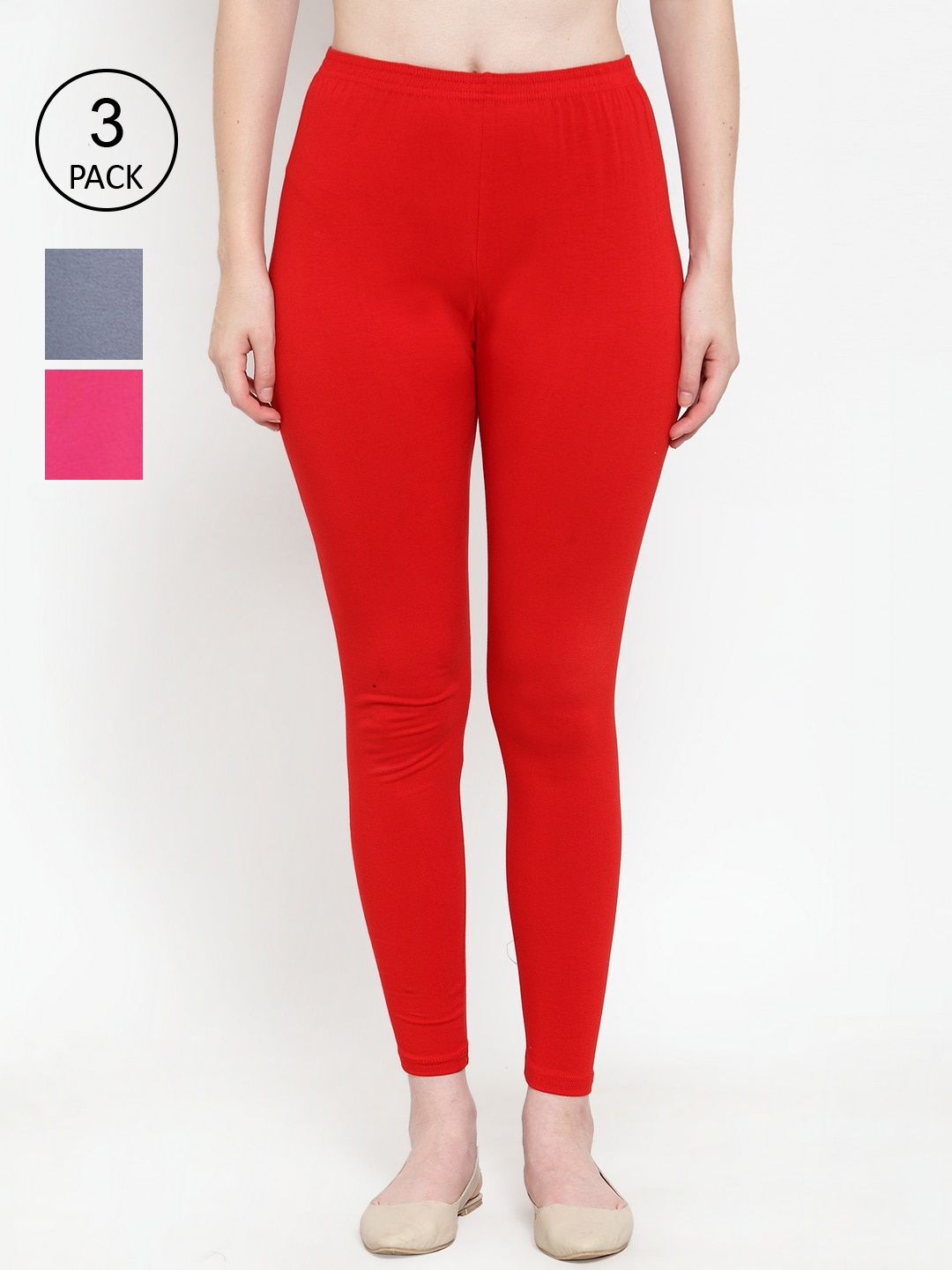 

Jinfo Women Pack Of 3 Solid Ankle-Length Leggings, Red