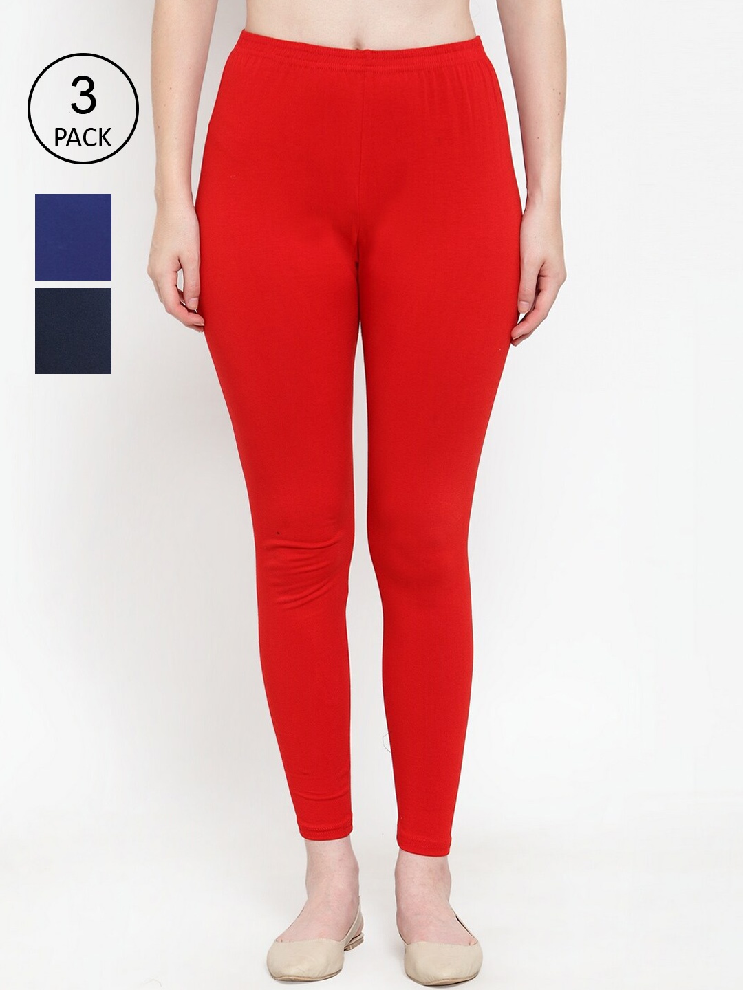 

Jinfo Women Pack Of 3 Solid Ankle-Length Leggings, Red