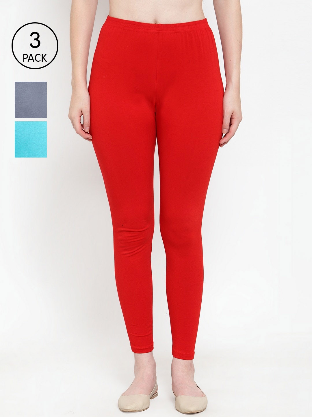 

Jinfo Women Pack Of 3 Red and Grey Solid Ankle-Length Leggings