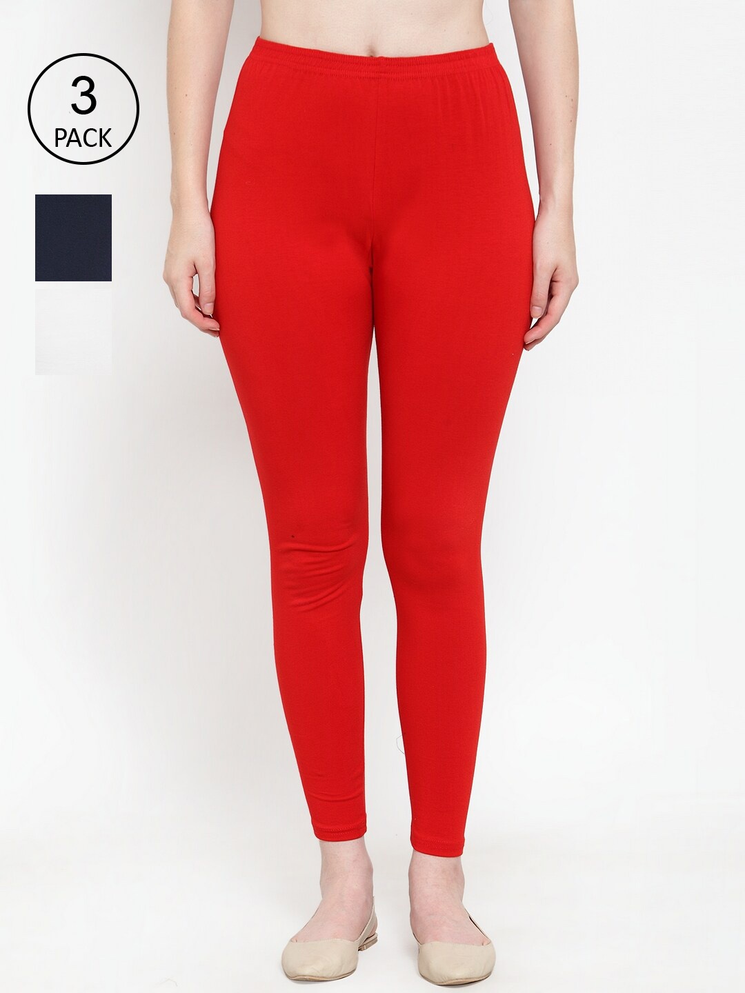 

Jinfo Women Pack Of 3 Solid Ankle-Length Leggings, Red
