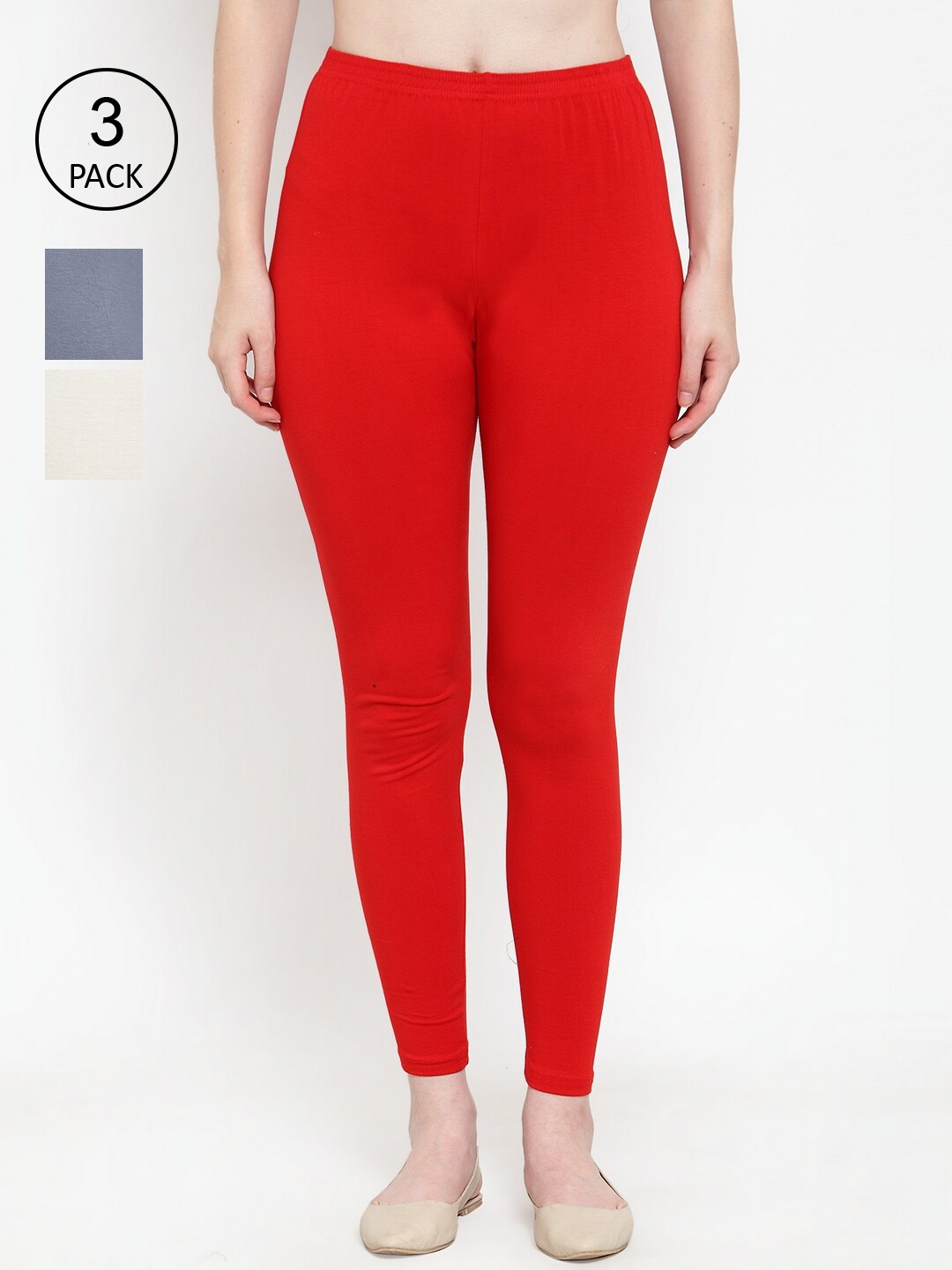 

Jinfo Women Pack Of 3 Solid Ankle-Length Leggings, Red
