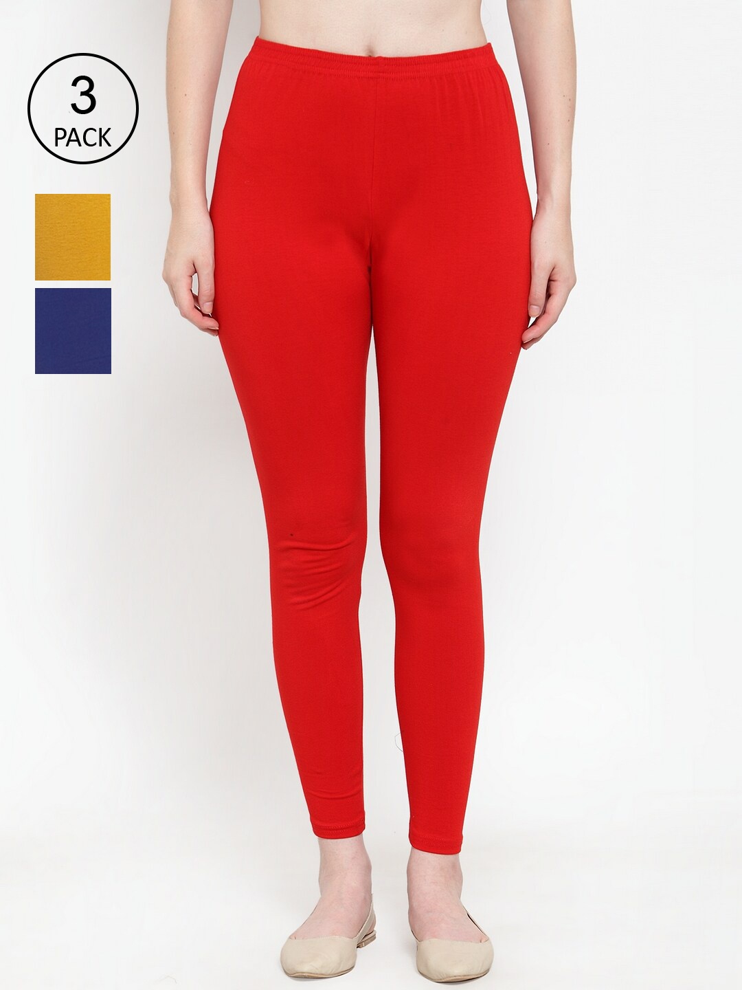 

Jinfo Women Pack Of 3 Solid Ankle-Length Leggings, Red