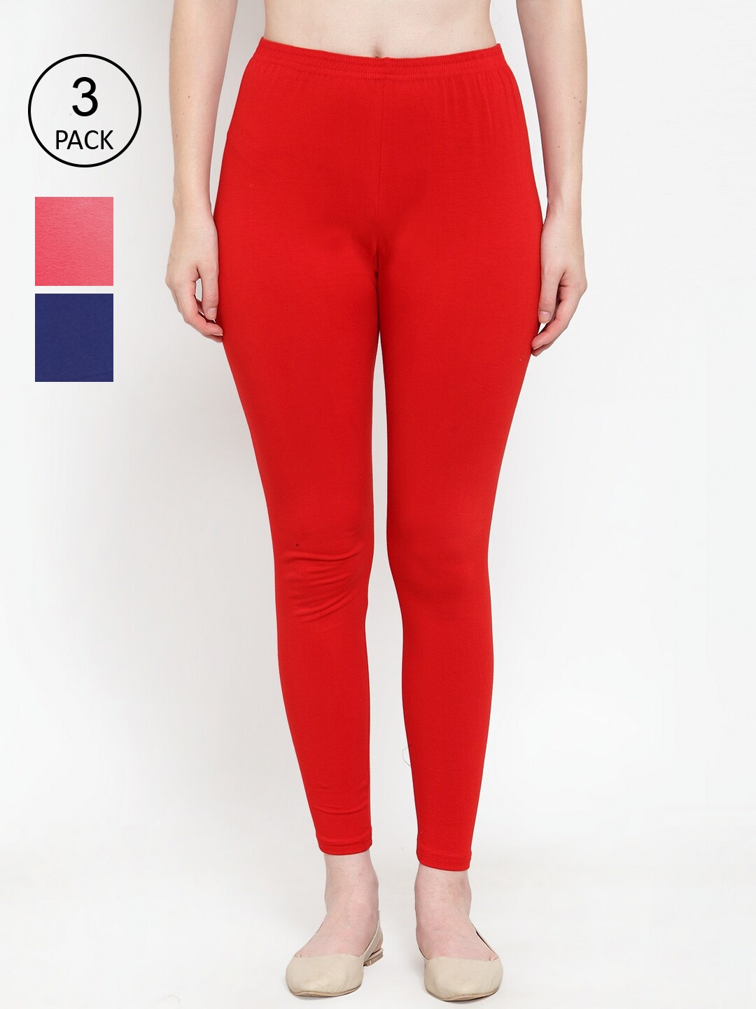 

Jinfo Women Pack Of 3 Red & Blue & Peach Solid Ankle-Length Leggings