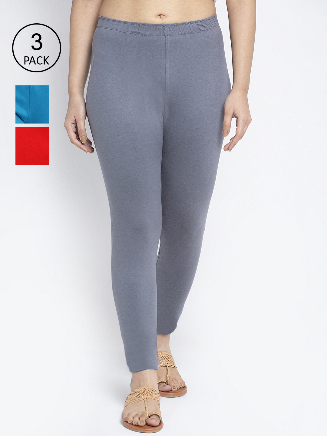 

Jinfo Women Pack Of 3 Solid Red, Grey, Blue Ankle-Length Leggings