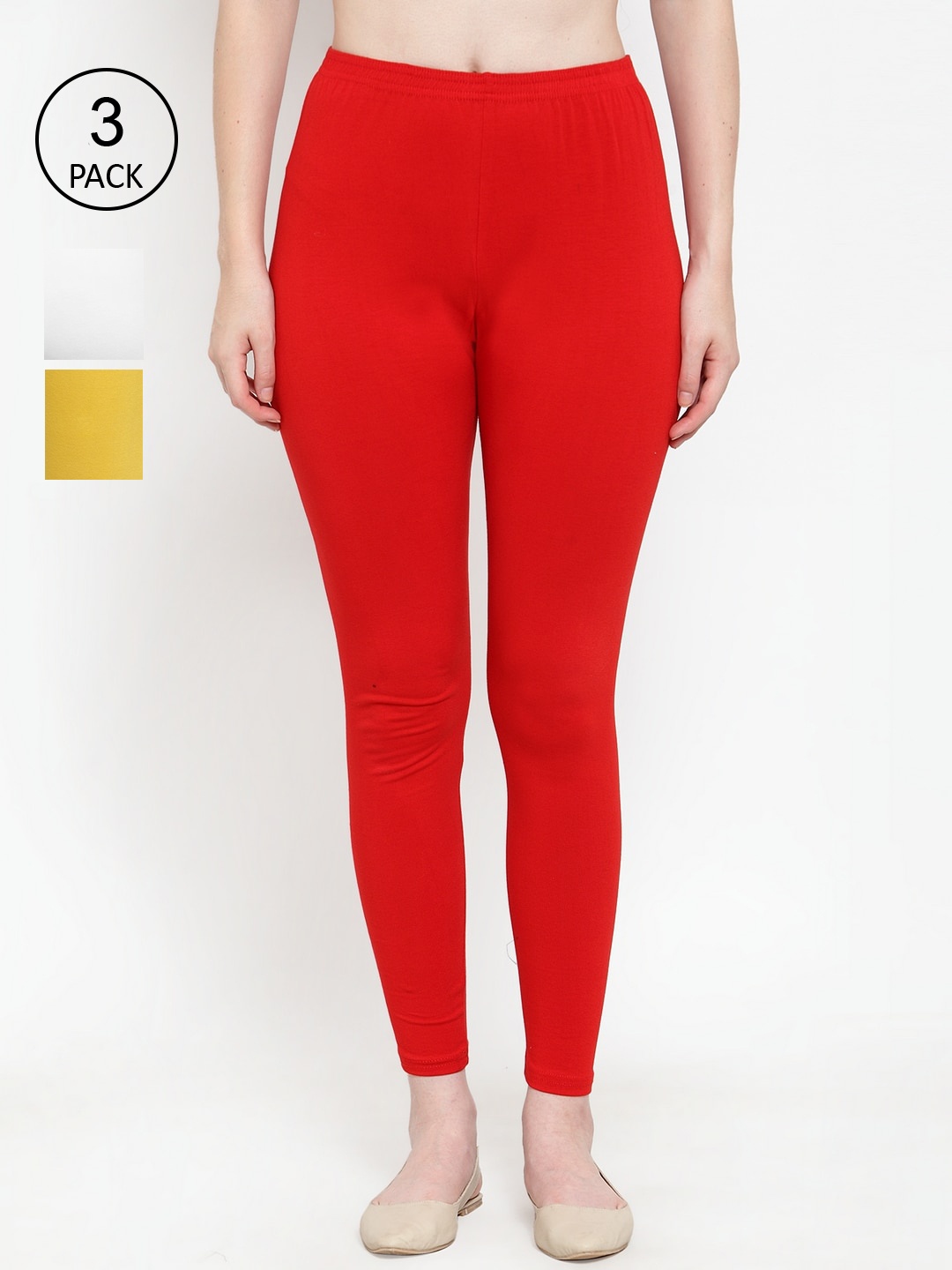 

Jinfo Women Pack Of 3 Solid Ankle-Length Leggings, Red
