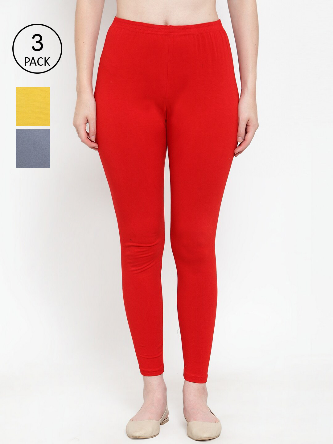 

Jinfo Women Pack Of 3 Solid Red, Grey, Yellow Ankle-Length Leggings