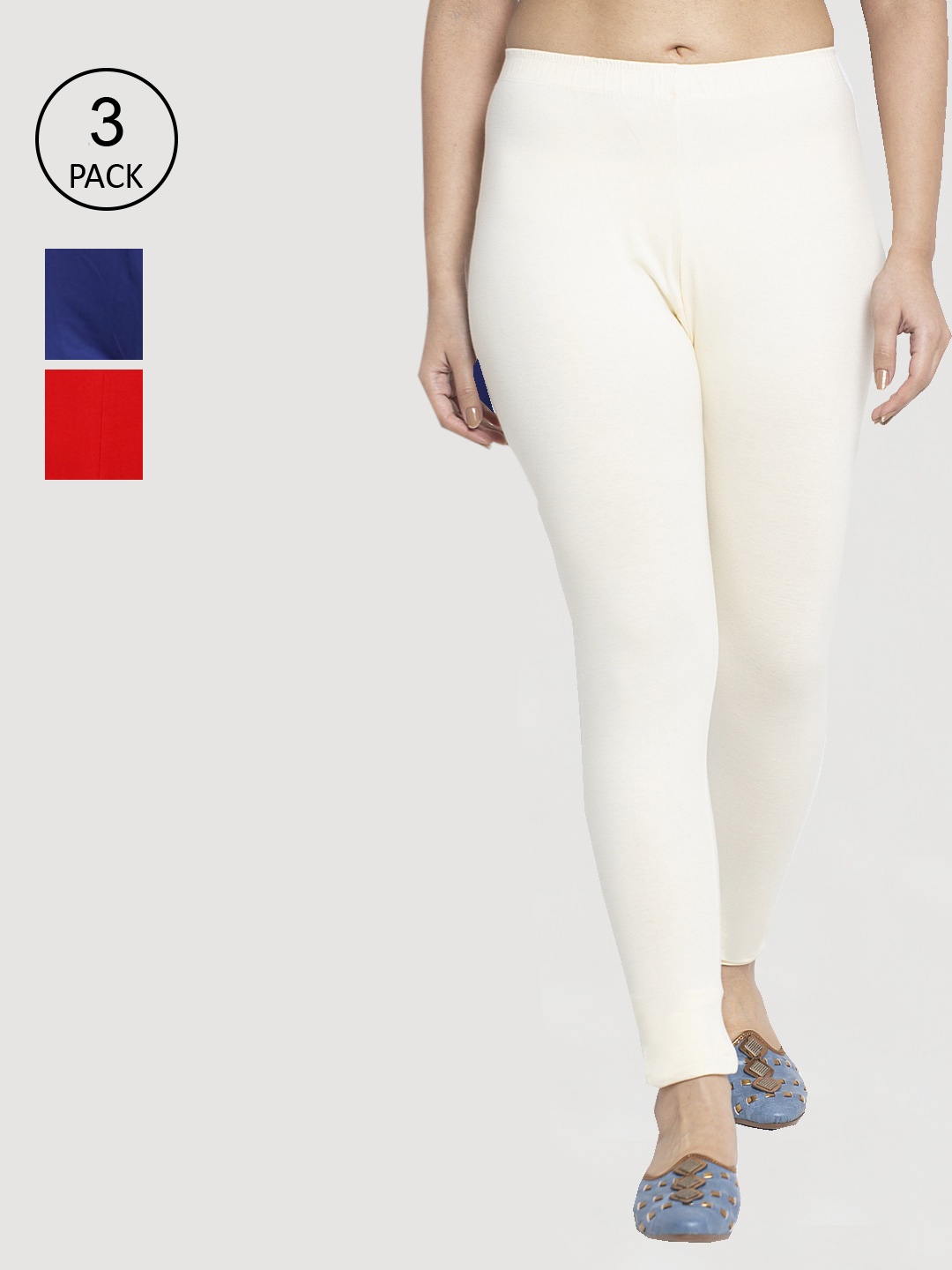 

Jinfo Women Pack Of 3 Solid Red, Blue, Off White Ankle-Length Leggings