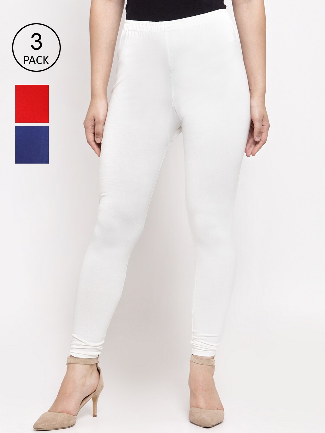 

Jinfo Women Pack Of 3 Solid White, Red, Blue Ankle-Length Leggings
