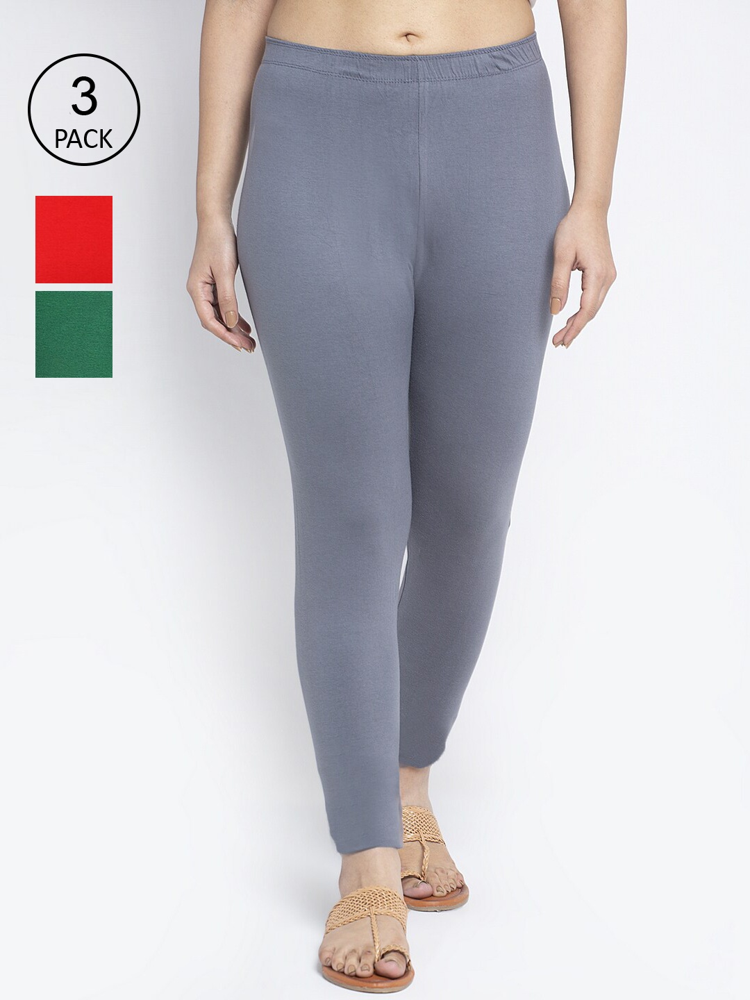 

Jinfo Women Pack Of 3 Solid Red, Grey, Green Ankle-Length Leggings