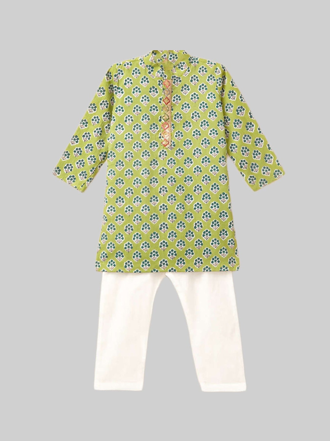 

The Magic Wand Boys Green Embroidered Empire Gotta Patti Pure Cotton Kurti with Pyjamas