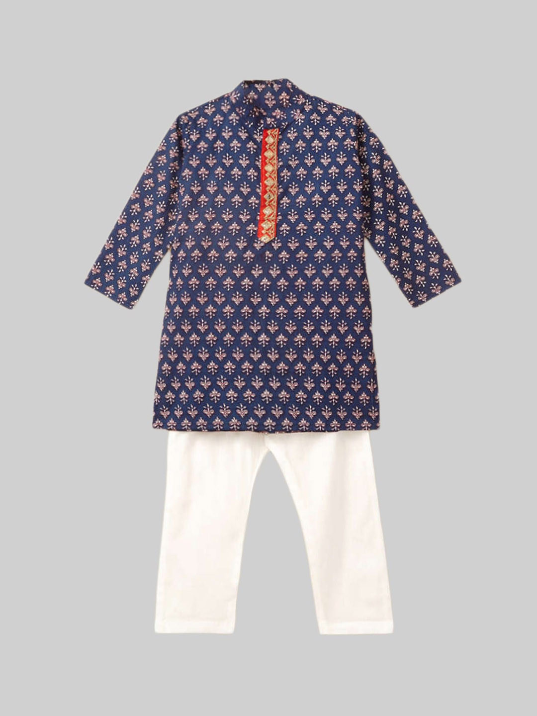 

The Magic Wand Boys Blue Ethnic Motifs Printed Empire Gotta Patti Pure Cotton Kurti with Pyjamas