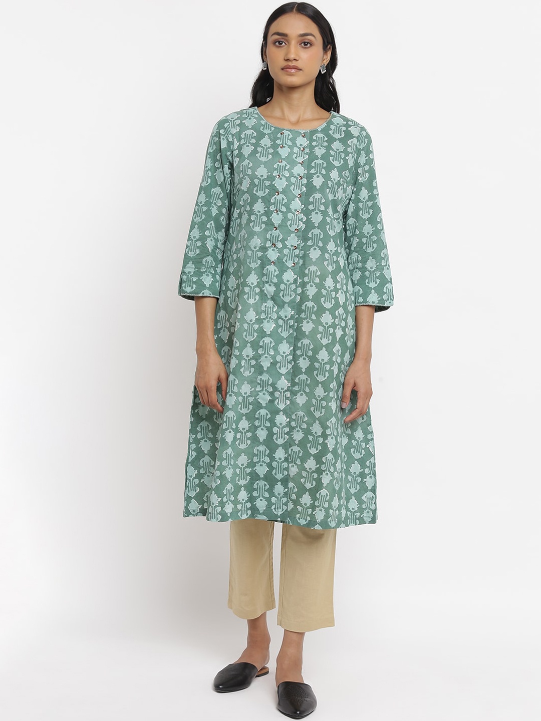 

W The Folksong Collection Women Green Ethnic Printed Flared Sleeves Floral Handloom Kurta