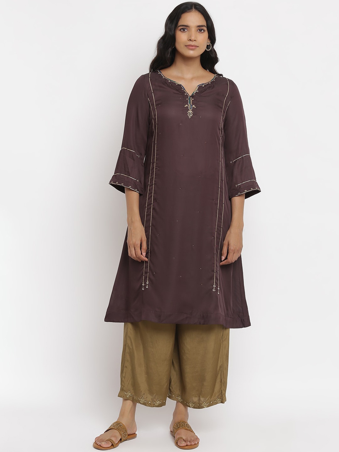 

W The Folksong Collection Women Brown Flared Sleeves Thread Work Asymmetric Kurta