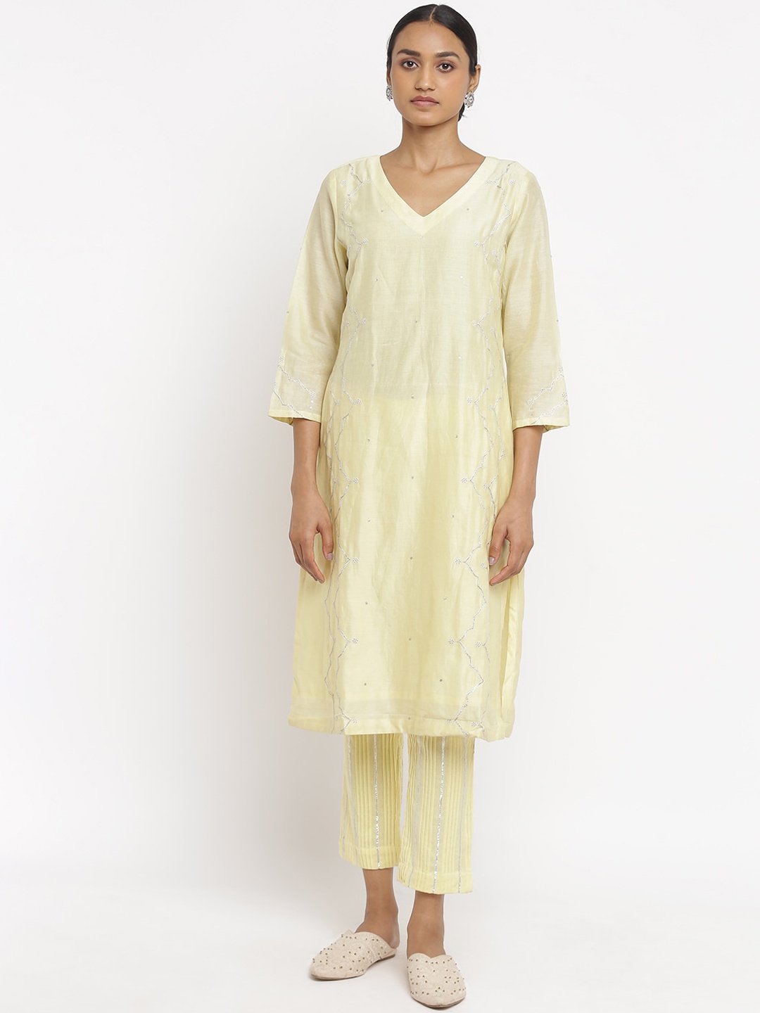 

W The Folksong Collection Women Yellow Embroidered Thread Work Asymmetric Kurta