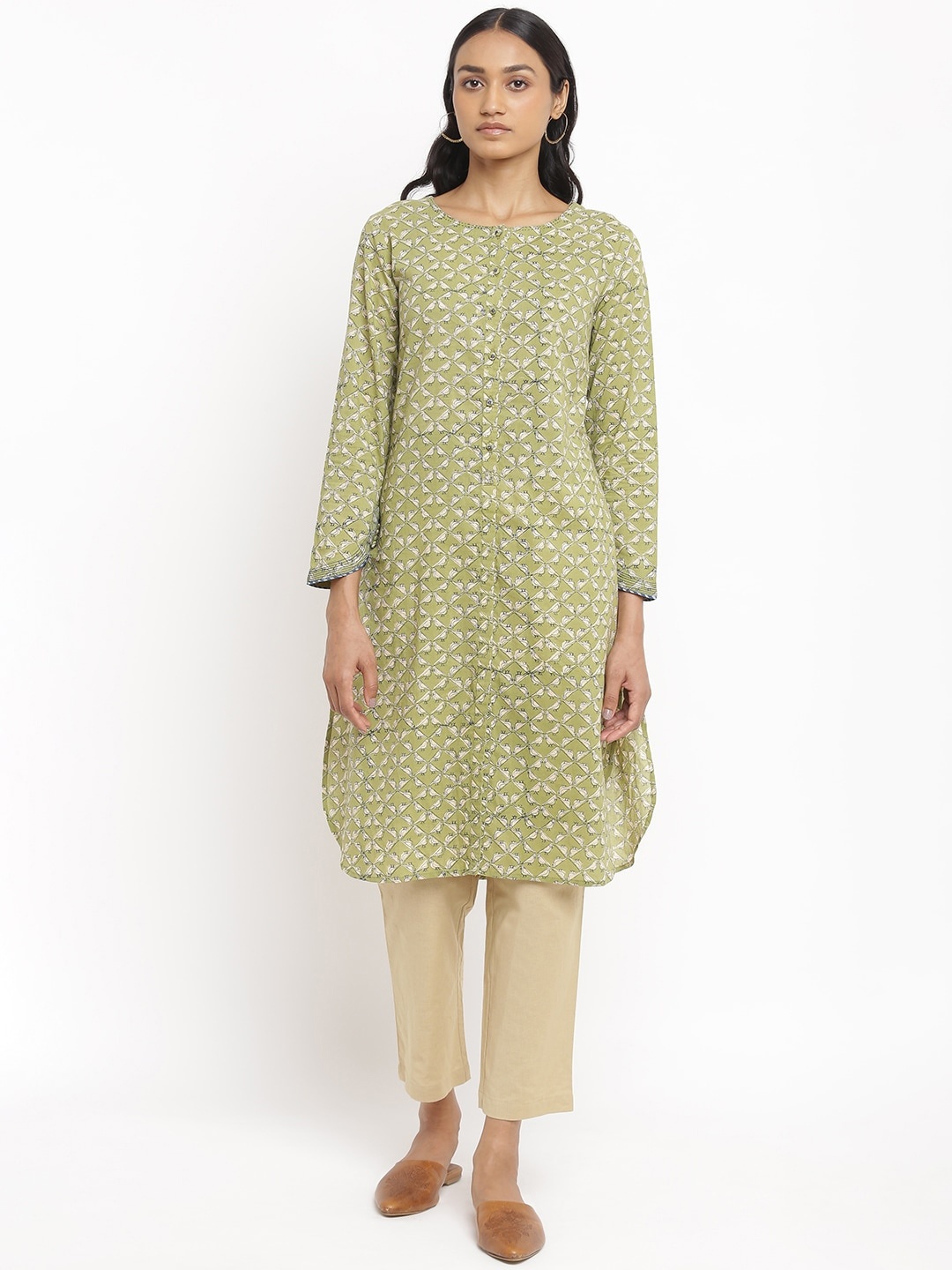 

W The Folksong Collection Women Green Geometric Printed Thread Work Pathani Kurta