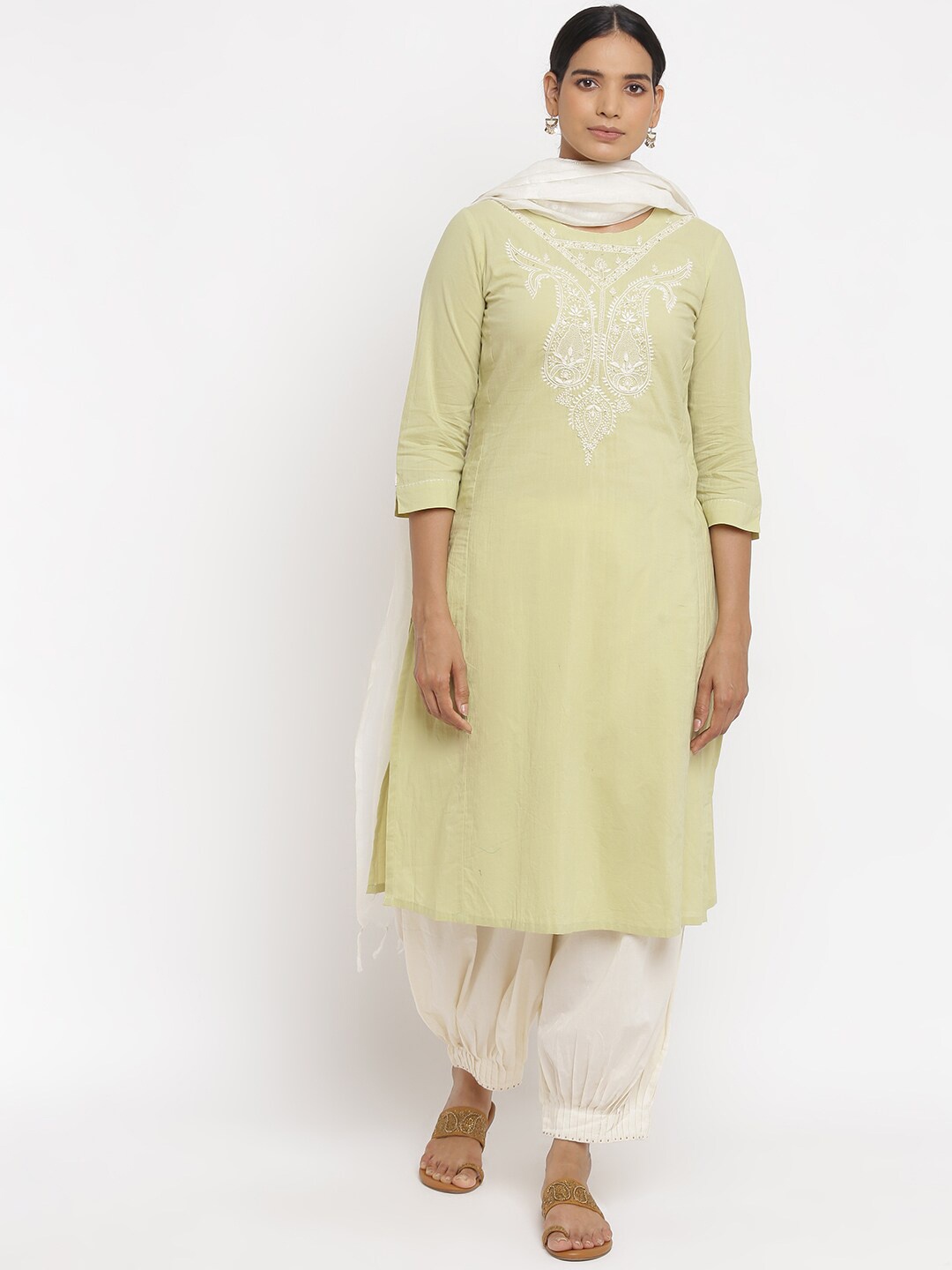 

W The Folksong Collection Women Green Yoke Design Mirror Work Asymmetric Kurta