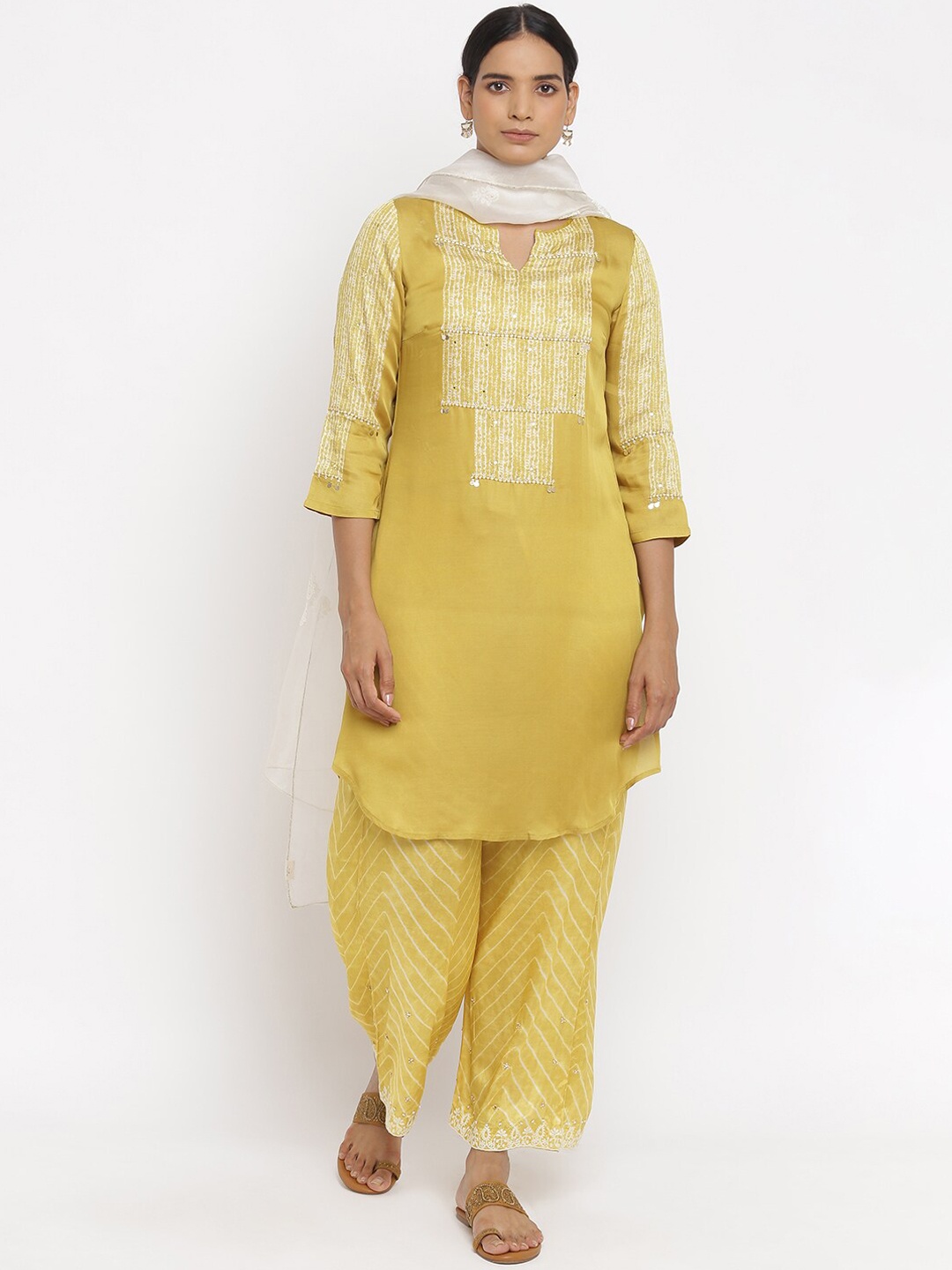 

W The Folksong Collection Women Yellow Yoke Design Keyhole Neck Gotta Patti Kurta
