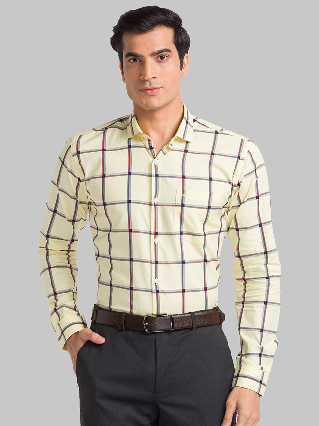 

Park Avenue Men Yellow Slim Fit Windowpane Checks Checked Casual Shirt