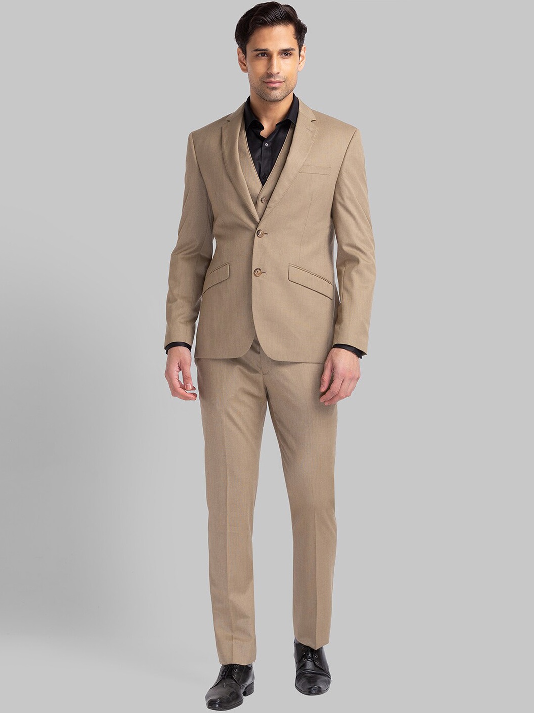 

Park Avenue Men Beige Solid 2 Piece Formal Suits