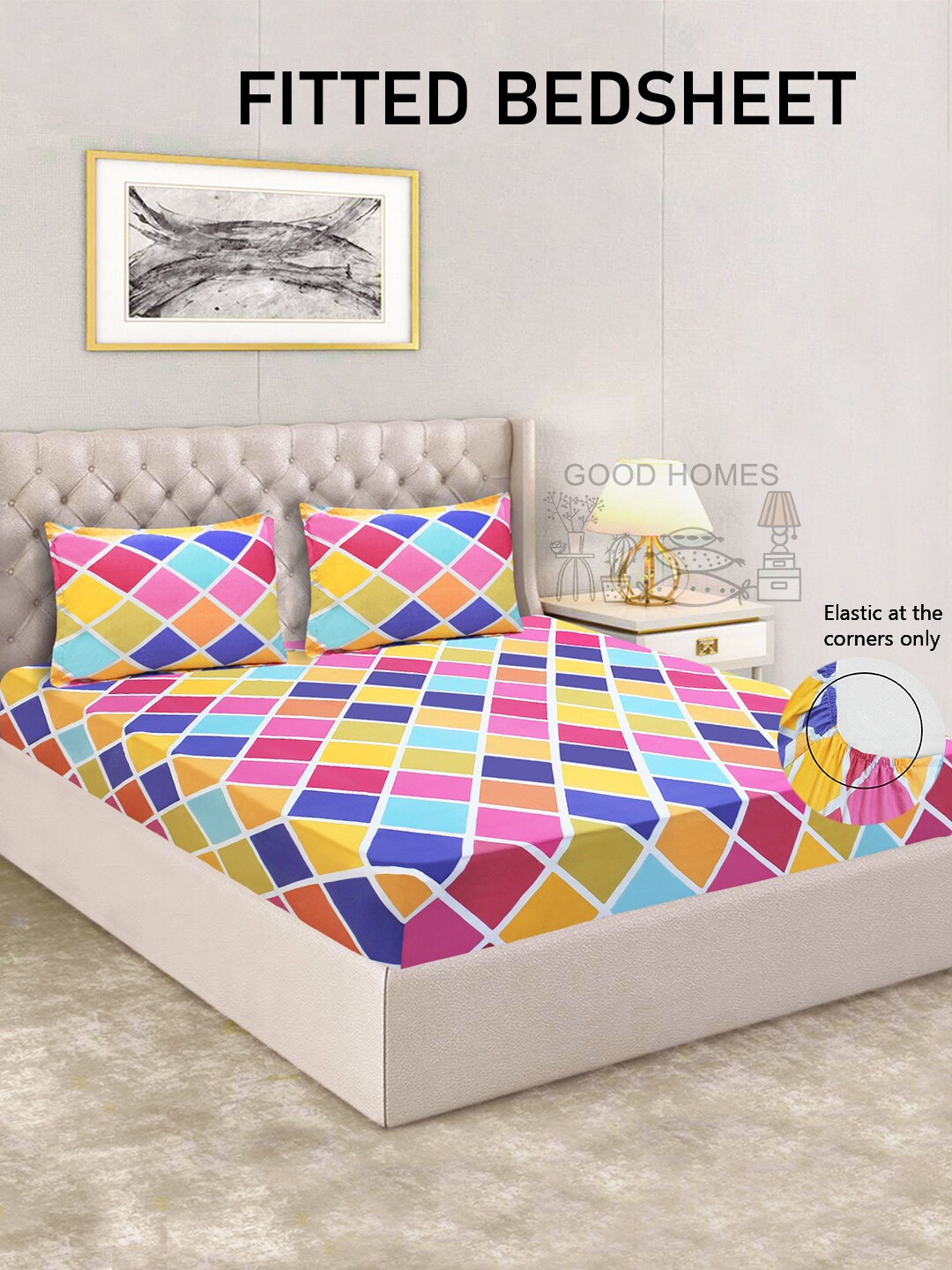 

Good Homes by Home Candy White & Blue Geometric 144 TC Queen Bedsheet with 2 Pillow Covers