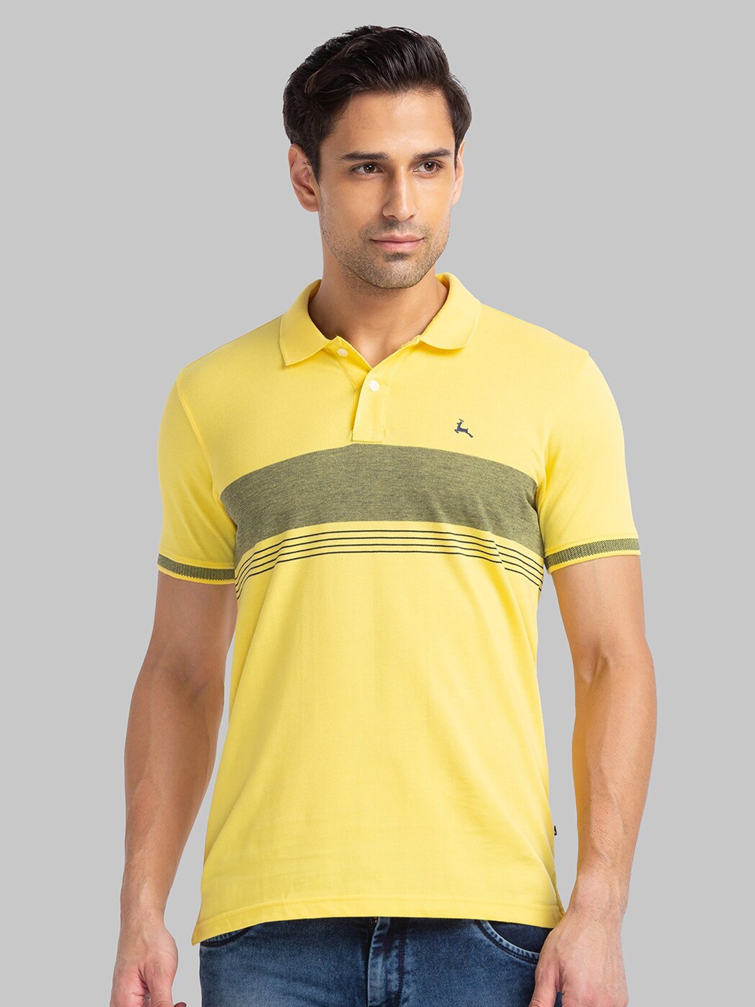 

Parx Men Yellow Striped Polo Collar Applique T-shirt