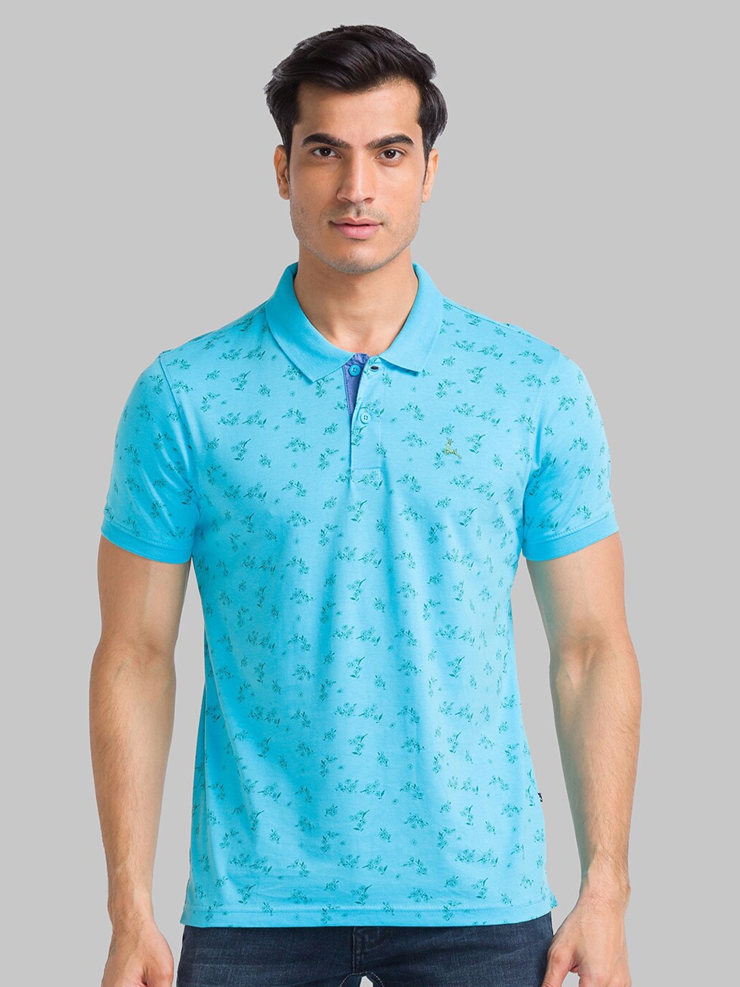 

Parx Men Blue Polo Collar Extended Sleeves Tropical T-shirt