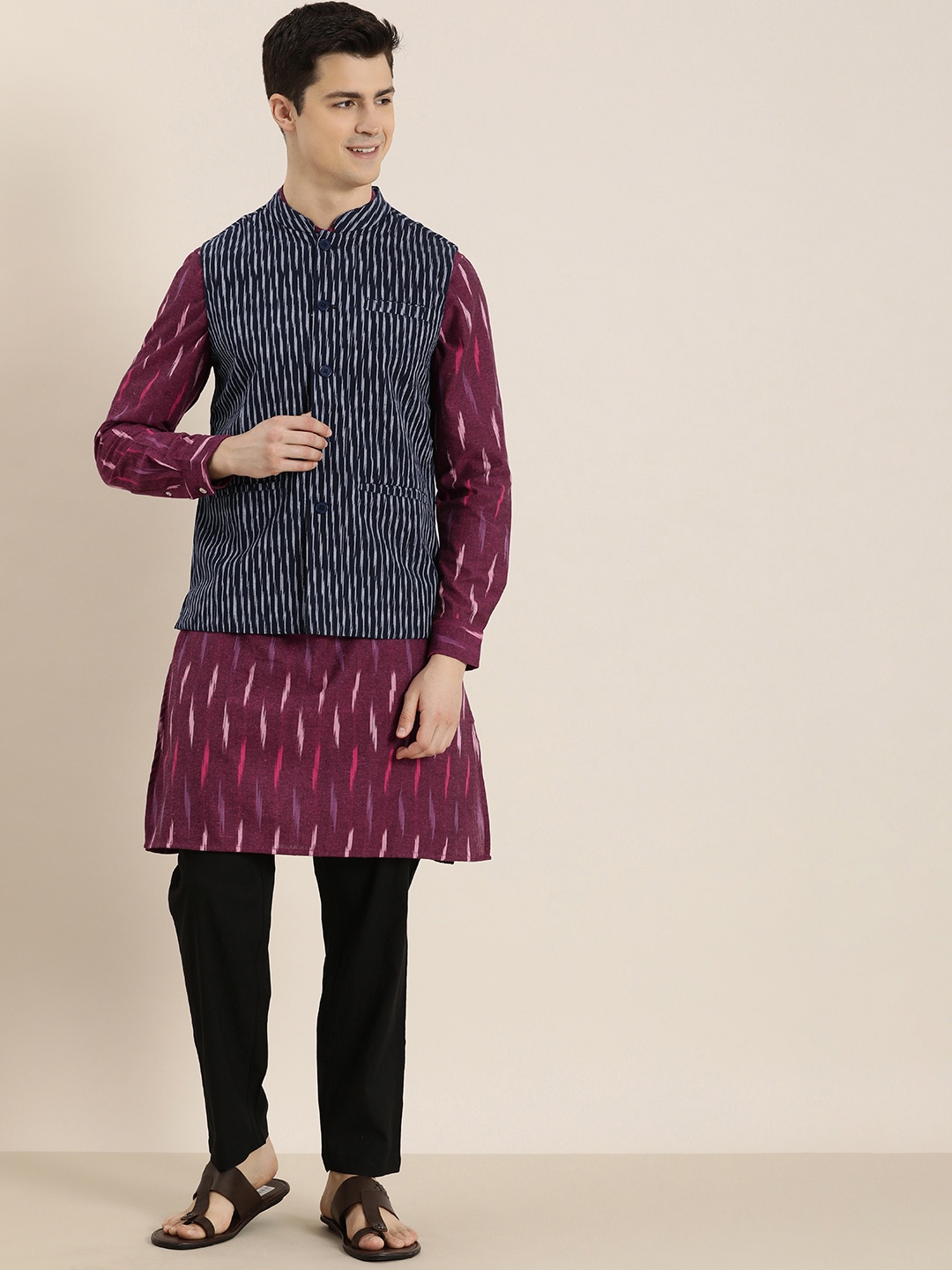 

Taavi Ikat Pure Cotton Kurta with Trousers & Nehru Jacket, Maroon