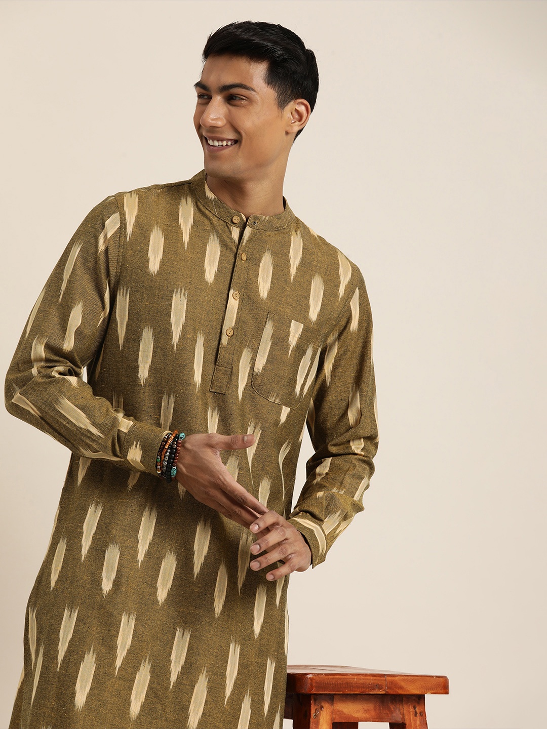 

Taavi Ikat Band Collar Pure Cotton Kurta with Trousers, Olive