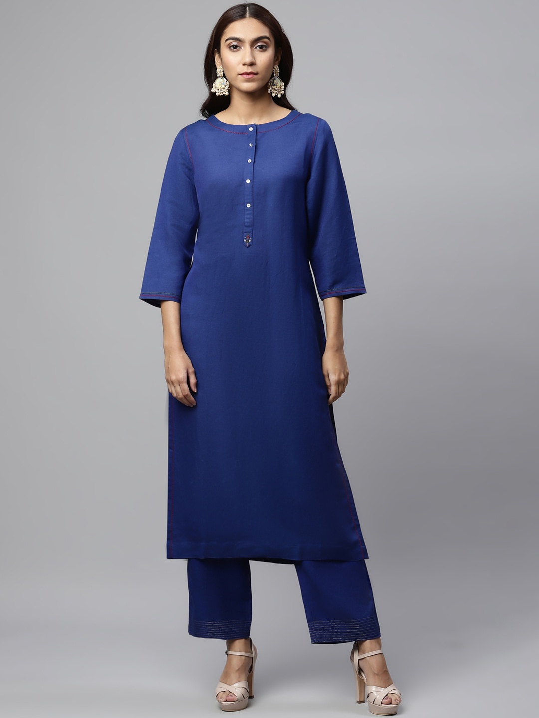 

Linen Club Woman Women Navy Blue Thread Work Kurta