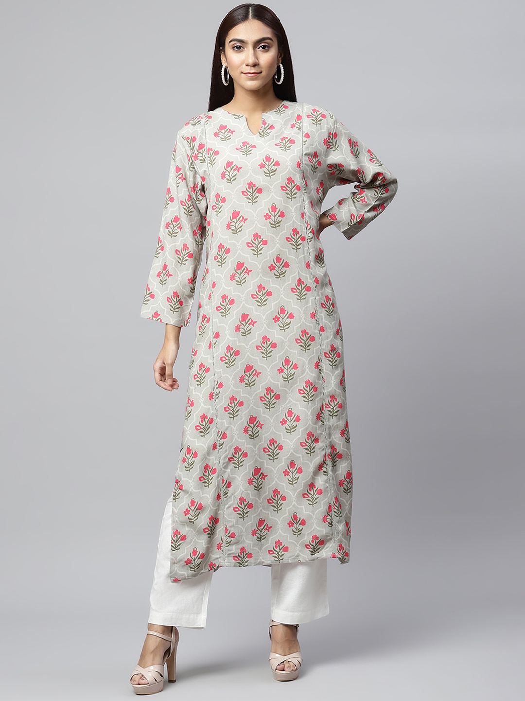 

Linen Club Woman Women Pink Floral Printed Flared Sleeves Gotta Patti Kurta