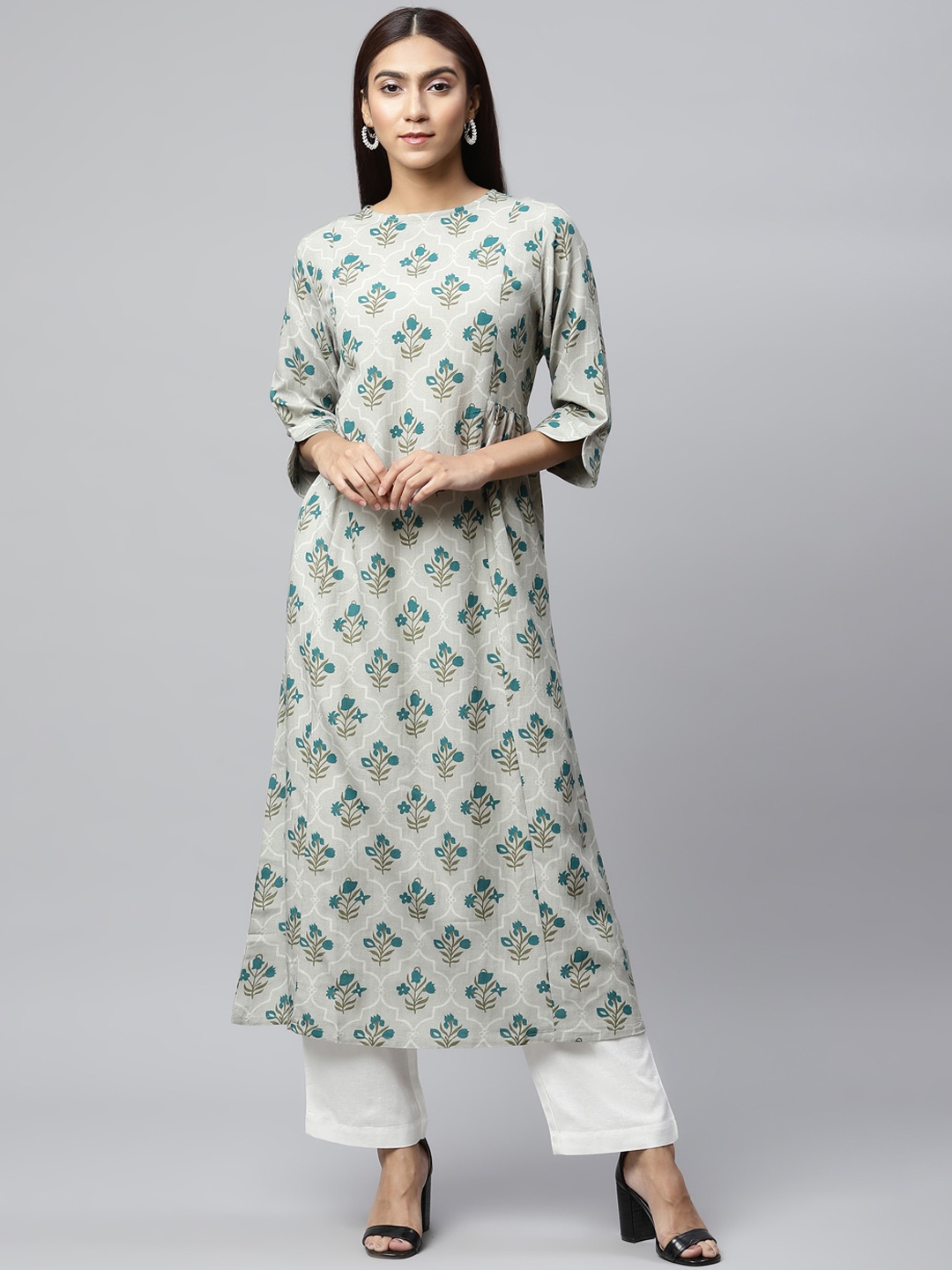 

Linen Club Woman Women Blue & Grey Floral Printed Kurta
