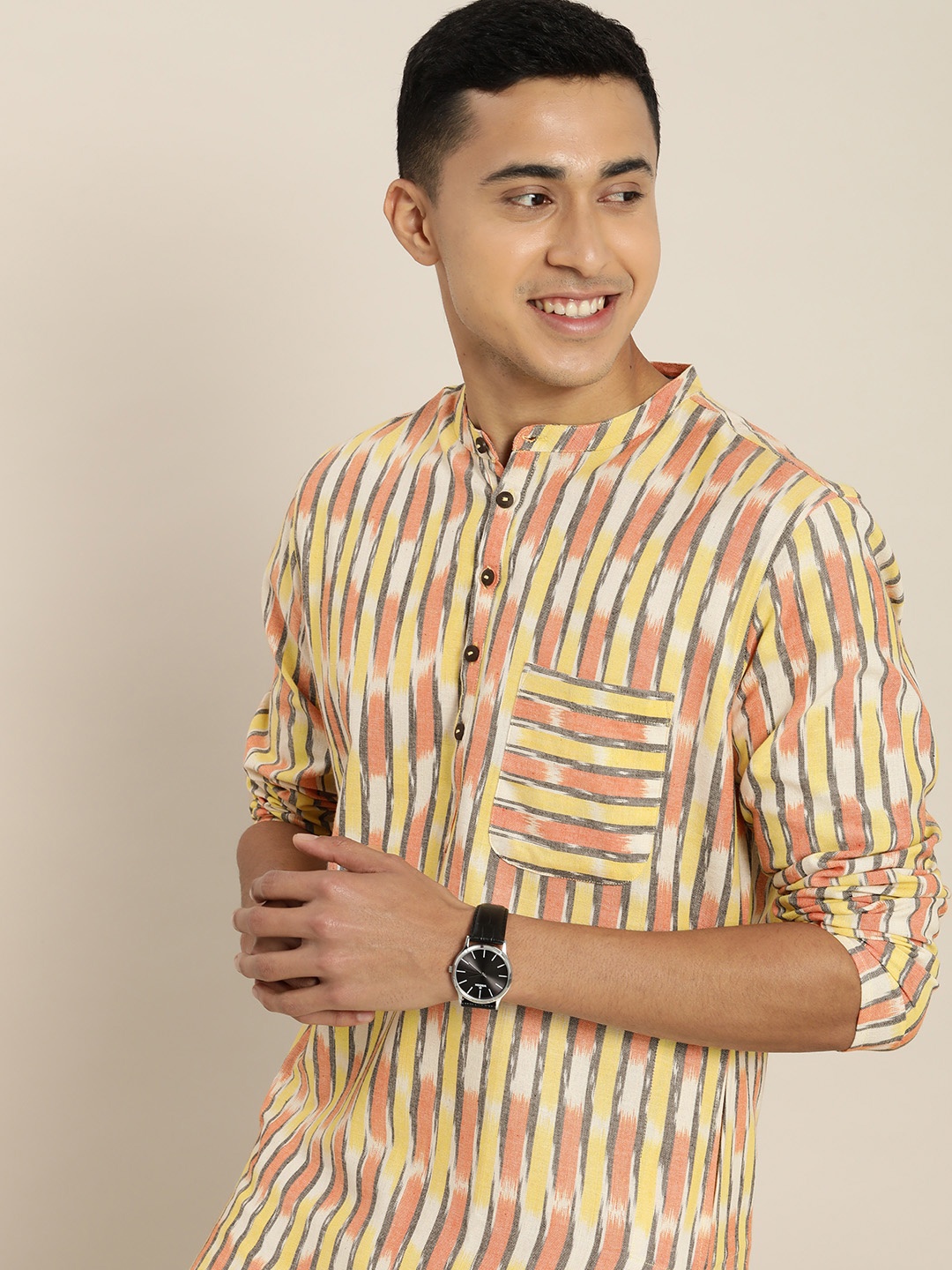 

Taavi Men Ikat Woven Design Kurta with Chest Pocket, Beige