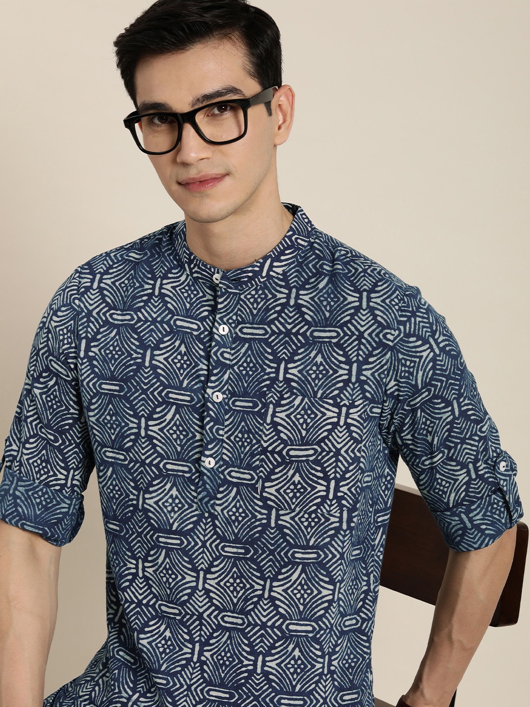 

Taavi Men Blue & Grey Ethnic Motifs Indigo Pure Cotton Sustainable Printed Kurta