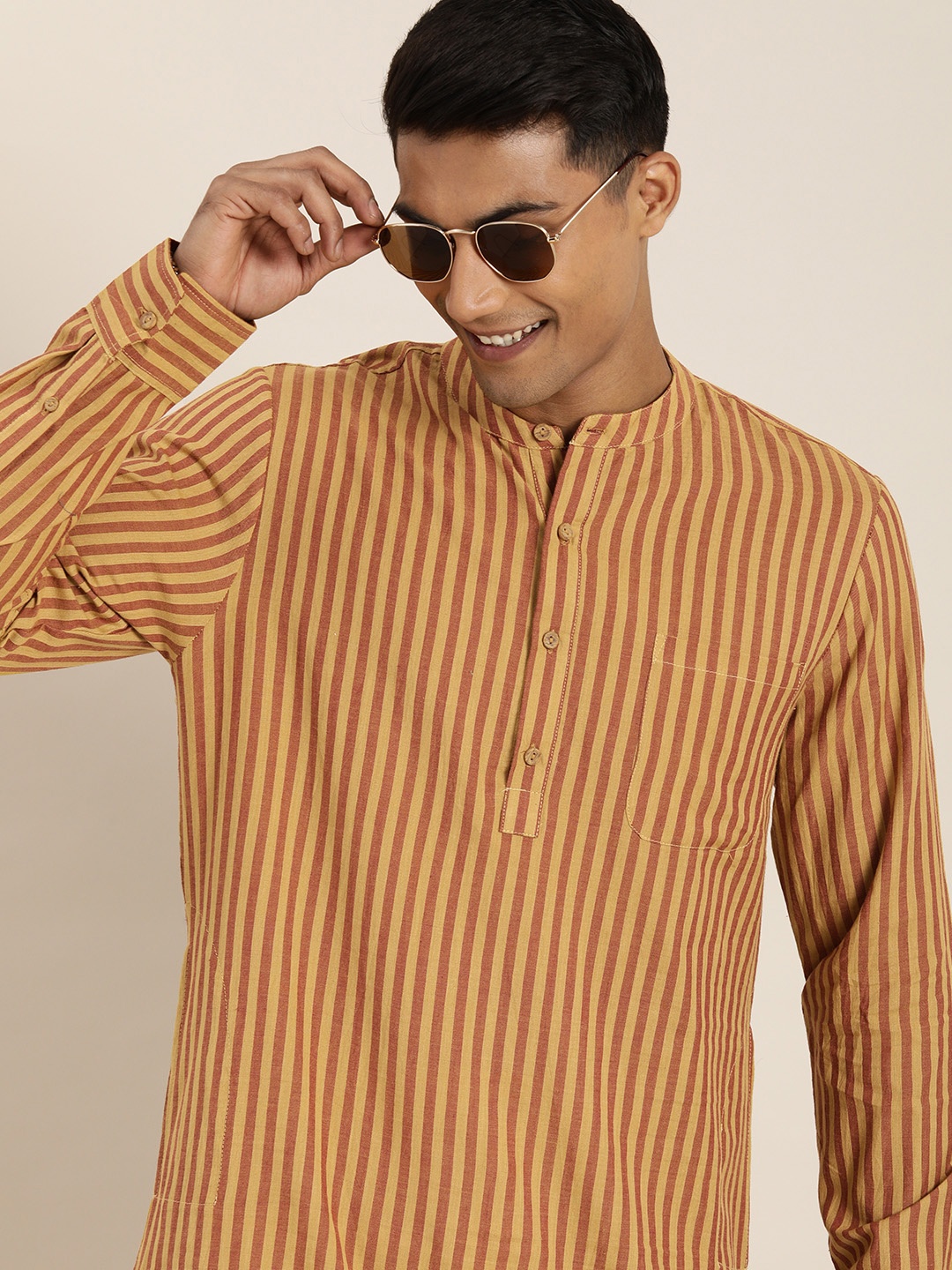 

Taavi Men Woven Legacy Pure Cotton Long Sleeves Striped Kurta, Mustard
