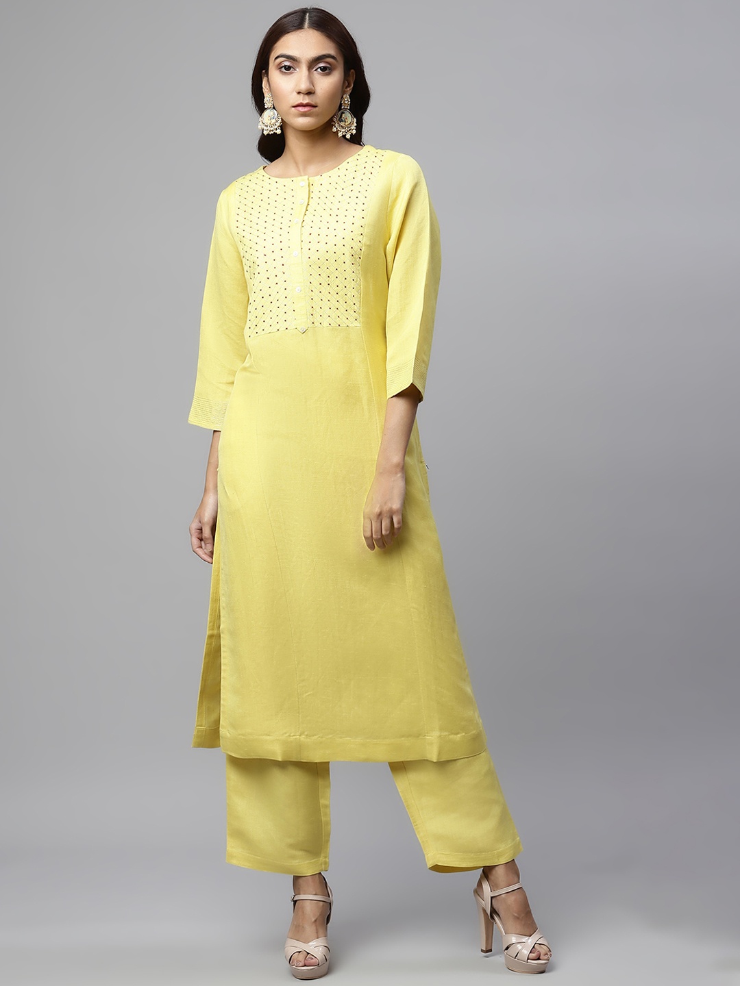 

Linen Club Woman Women Mustard Yellow Embroidered Linen Sustainable Kurta with Palazzos