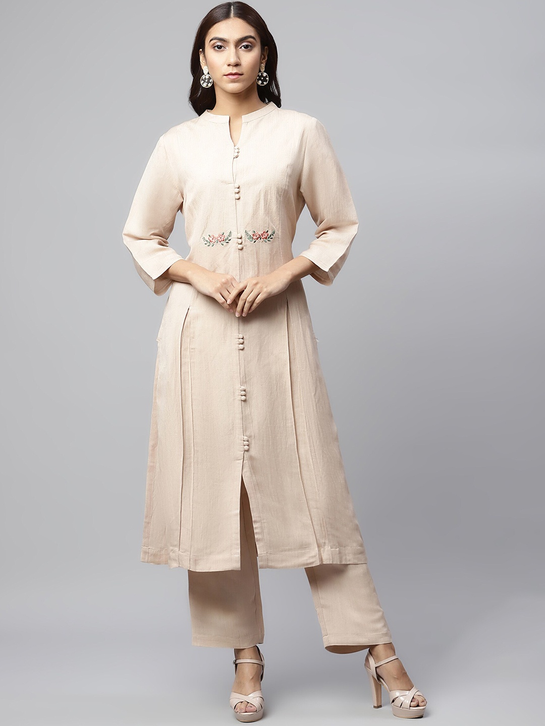 

Linen Club Woman Women Beige Pleated Linen Sustainable Kurta with Palazzos