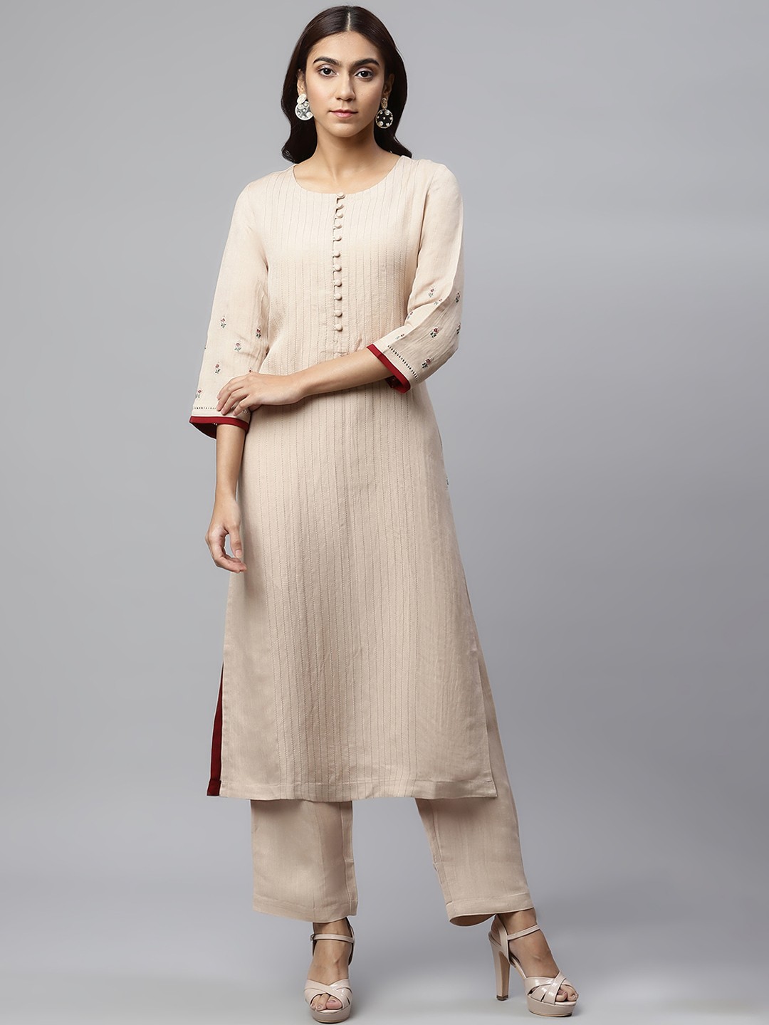 

Linen Club Women's Beige Linen Sustainable Kurta With Palazzos