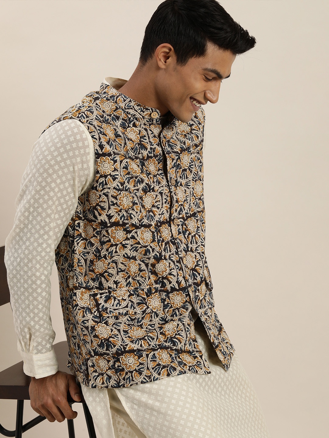 

Taavi Men Beige And Mustard Kalamkari Block Print Pure Cotton Nehru Jacket