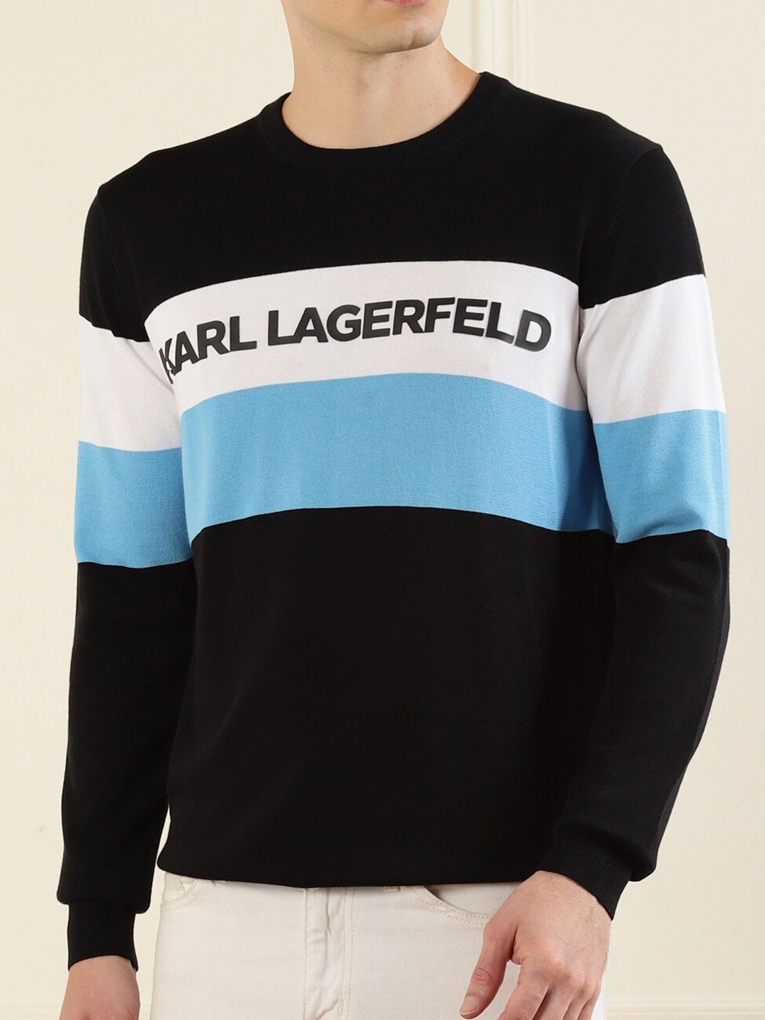 

Karl Lagerfeld Men Blue & White Colourblocked Sweater