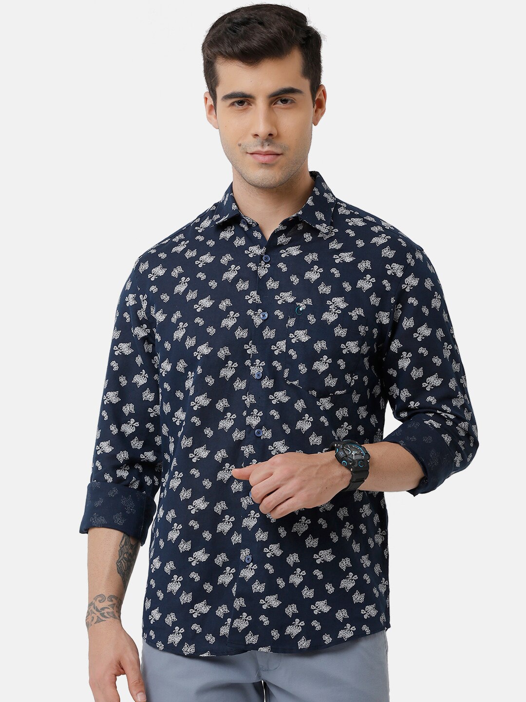 

CAVALLO by Linen Club Men Blue Floral Printed Linen Cotton Casual Shirt