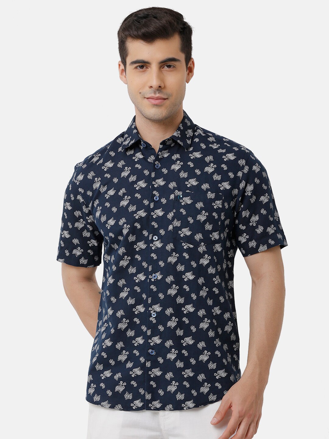 

CAVALLO by Linen Club Men Blue Floral Printed Linen Cotton Casual Shirt